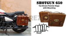 Fit For Royal Enfield Shotgun 650 Tan Brown Leather Pannier Bags with Mounting - SPAREZO